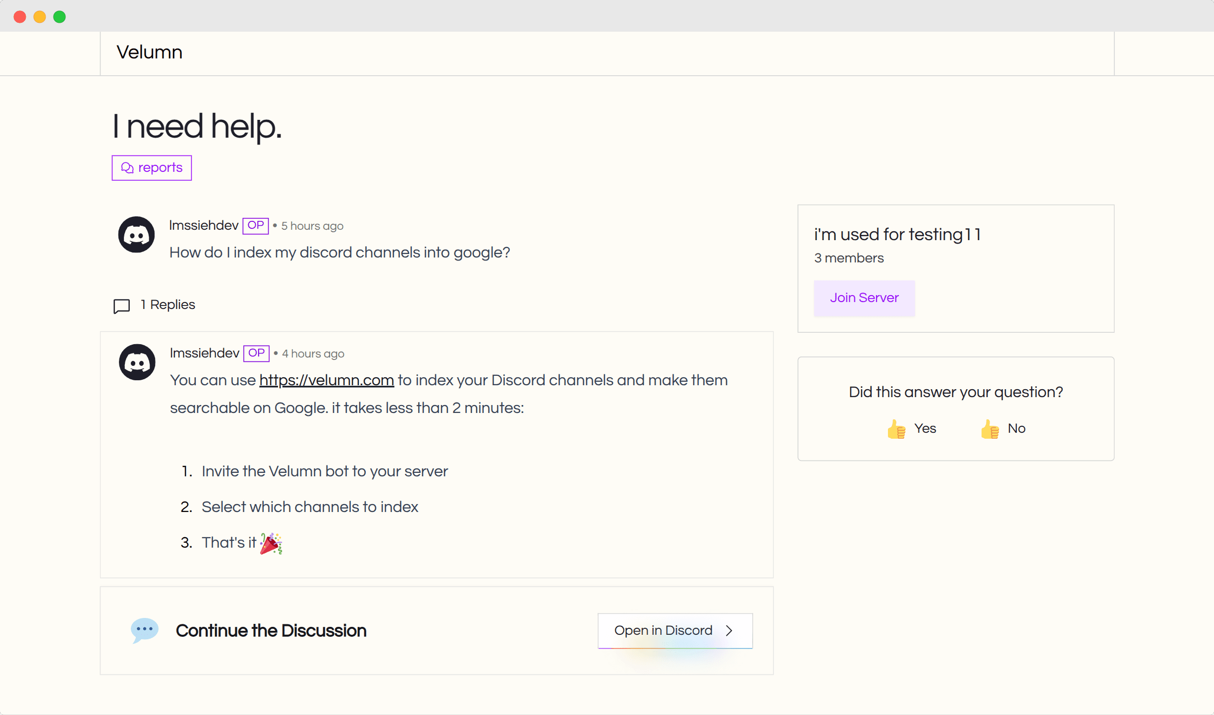 Velumn demo preview showing Discord threads indexed as a searchable forum